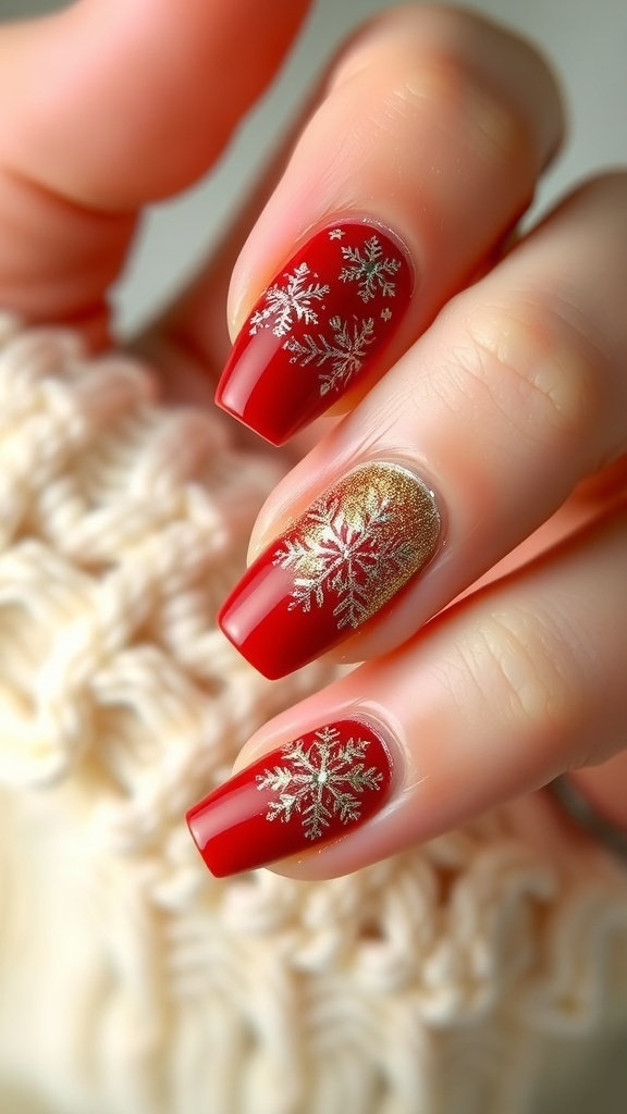 Elegant Christmas and New Year Nail Designs Elegant Christmas and New Year nail designs in red and gold with snowflake patterns.